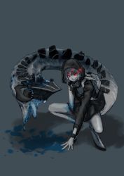 Rule 34 | 1girl, abyssal ship, adapted turret, amputee, backpack, bag, blood, blood on leg, blue blood, colored blood, colored skin, commentary request, damaged, evil smile, glowing, glowing eyes, grey background, highres, hood, hoodie, kantai collection, kappa modoki, pale skin, re-class battleship, red eyes, scarf, short hair, smile, tail, white hair, white skin