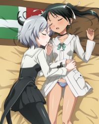 Rule 34 | 2girls, bed, black legwear, blush, breasts, fang, francesca lucchini, green hair, holding hands, multiple girls, no pants, non-web source, panties, pantyhose, sanya v. litvyak, sleeping, small breasts, strike witches, striped clothes, striped panties, underwear, white hair, world witches series, yuri