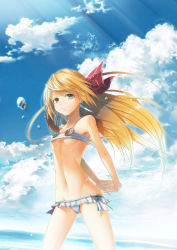 Rule 34 | 1girl, arms behind back, bad id, bad pixiv id, bikini, bikini skirt, blonde hair, cameltoe, character request, cloud, day, flat chest, green eyes, groin, hair ribbon, highres, katou taira, light rays, light smile, long hair, lowleg, ocean, own hands clasped, own hands together, ponytail, ribbon, skinny, sky, solo, sunbeam, sunlight, swimsuit, sword world