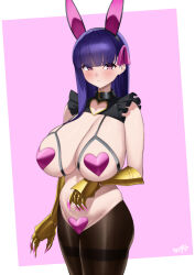 Rule 34 | 1girl, absurdres, animal ears, blunt bangs, blush, bra, breasts, brown pantyhose, collar, crotchless, crotchless pantyhose, cupless bra, fake animal ears, fate/extra, fate/extra ccc, fate/grand order, fate (series), gauntlets, hair ribbon, heart maebari, heart pasties, highres, huge breasts, kurozawa yui, long hair, looking at viewer, maebari, meme attire, pantyhose, passionlip (fate), pasties, pink eyes, pink ribbon, purple hair, rabbit ears, revealing clothes, reverse bunnysuit, reverse outfit, ribbon, solo, thighband pantyhose, thighs, underwear, wrist cuffs