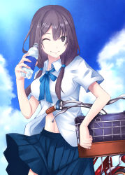 Rule 34 | 1girl, ;), ascot, bad id, bad pixiv id, bag, basket, bicycle, black eyes, black hair, blue skirt, blue sky, bottle, cloud, day, hair over shoulder, highres, holding, long hair, looking at viewer, navel, one eye closed, original, pleated skirt, pokimari, ribbon, shirt, short sleeves, skirt, sky, smile, solo, sunlight, twintails, water bottle, white shirt, wing collar, wink
