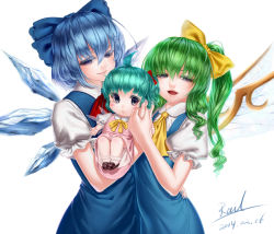 Rule 34 | 3girls, :&lt;, ahoge, aqua hair, ascot, blue dress, blue hair, bow, carrying, child, cirno, daiyousei, dress, fairy wings, green hair, grey eyes, hair bow, hair bun, hair ribbon, half-closed eyes, hand on own hip, highres, ice, ice wings, if they mated, looking at viewer, multiple girls, open mouth, pink dress, puffy sleeves, rail (silverbow), ribbon, short sleeves, side ponytail, signature, simple background, smile, touhou, white background, wings, yuri