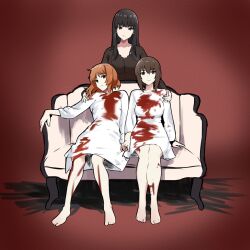 Rule 34 | 3girls, a tale of two sisters, amogan, barefoot, black eyes, black hair, black shirt, blood, blood on clothes, blood on leg, bloody clothes, bloody dress, blunt bangs, closed mouth, commentary, couch, dress, female focus, frown, full body, girls und panzer, hand on another&#039;s shoulder, head tilt, highres, hime cut, holding hands, long hair, long sleeves, looking at viewer, medium dress, mother and daughter, multiple girls, nishizumi maho, nishizumi miho, nishizumi shiho, on couch, shirt, short hair, siblings, sisters, sitting, standing, straight hair, white dress