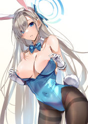 Rule 34 | 1girl, animal ears, asuna (blue archive), asuna (bunny) (blue archive), bare shoulders, black pantyhose, blue archive, blue eyes, blue neckwear, blue ribbon, bow, bowtie, breasts, cleavage, covered navel, detached collar, fake animal ears, fake tail, gradient background, grey hair, hair over one eye, hair ribbon, halo, highres, kasumi komo, large breasts, leotard, long hair, looking at viewer, mole, mole on breast, nipples, pantyhose, playboy bunny, rabbit ears, rabbit tail, ribbon, solo, standing, tail, traditional bowtie, very long hair, white background