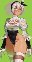 Rule 34 | 1girl, 2b (nier:automata), 2b (nier:automata) (cosplay), 2p (nier:automata), 2p (nier:automata) (cosplay), bea (pokemon), blue eyes, blush, breasts, cleavage, cleavage cutout, clothing cutout, cosplay, covered navel, cowboy shot, creatures (company), crossover, curvy, dark-skinned female, dark skin, feather-trimmed sleeves, game freak, green background, groin, gym leader, highleg, highleg leotard, highres, leotard, long sleeves, look-alike, looking at viewer, nier:automata, nier (series), nintendo, no pants, pokemon, pokemon swsh, puffy long sleeves, puffy sleeves, shiny skin, short hair, simple background, skindentation, suwaiya, thick thighs, thighhighs, thighs, white hair