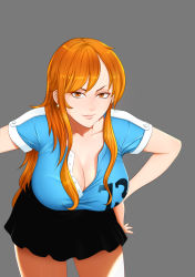 Rule 34 | 1girl, black skirt, breasts, brown eyes, cleavage, earrings, hand on own hip, jewelry, large breasts, leaning forward, long hair, looking at viewer, nami (one piece), one piece, orange hair, rannero, shirt, short sleeves, simple background, skirt, smirk, solo, standing, tattoo