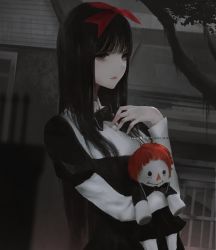 Rule 34 | 1girl, aoi ogata, artist name, black bow, black bowtie, black dress, black hair, bow, bowtie, commentary, dark, doll, dress, english commentary, grey eyes, hair bow, highres, holding, holding doll, house, lips, long hair, original, outdoors, red bow, solo, tree, upper body, white sleeves