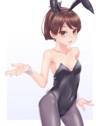 Rule 34 | 1girl, alternate costume, animal ears, armpits, black leotard, brown eyes, brown hair, covered navel, fake animal ears, flat chest, grey pantyhose, highres, kantai collection, leotard, looking at viewer, ohaduke, pantyhose, playboy bunny, ponytail, rabbit ears, rabbit tail, shikinami (kancolle), simple background, solo, strapless, strapless leotard, tail, white background, wrist cuffs