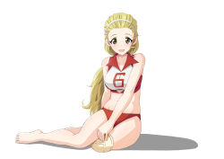 Rule 34 | 1girl, adapted costume, arm behind back, barefoot, beach volleyball, blonde hair, brown eyes, commentary, decembrachiata, girls und panzer, groin, hair pulled back, hairband, hand on own knee, highres, knee pads, long hair, looking at viewer, navel, open mouth, ponytail, sasaki akebi, shadow, simple background, sitting, smile, solo, sports bikini, sportswear, volleyball uniform, white background, white hairband, yokozuwari