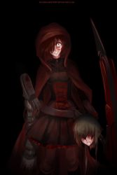 Rule 34 | 1boy, 2girls, absurdres, blood, blood on face, crazy, crazy eyes, crazy smile, crying, crying with eyes open, dark, dark persona, decapitation, decapitation, dishwasher1910, emerald sustrai, green hair, guro, hair over one eye, highres, insane, looking at viewer, mechanical legs, mercury black, multiple girls, pantyhose, red hair, ruby rose, rwby, scythe, severed head, severed leg, severed limb, short hair, single mechanical leg, smile, spoilers, tears, veins
