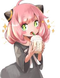 Rule 34 | 1girl, ahoge, anya (spy x family), black dress, blush stickers, child, commentary request, cup, disposable cup, dress, drinking straw, green eyes, highres, holding, holding cup, long hair, long sleeves, looking at viewer, mumu yu mu, open mouth, pink hair, ribbon, simple background, solo, sparkle, sparkling eyes, spy x family, white background, white ribbon