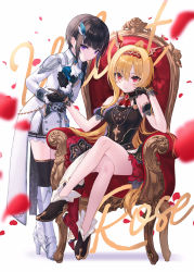 absurdres ascot bare_shoulders black_footwear black_gloves black_hair black_legwear black_shirt blonde_hair blunt_bangs blush boots chair closed_mouth crossed_legs full_body gloves hair_between_eyes high_heel_boots high_heels highres idol idolmaster idolmaster_cinderella_girls idolmaster_cinderella_girls_starlight_stage kurosaki_chitose long_hair long_sleeves looking_at_viewer miniskirt nekoyashiki_pushio pleated_skirt purple_eyes red_eyes shirayuki_chiyo shirt short_hair sidelocks simple_background sitting skirt sleeveless smile thighhighs thighs very_long_hair vest waistcoat white_background white_footwear white_gloves white_skirt zettai_ryouiki