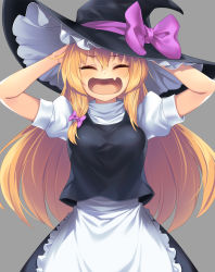 Rule 34 | 1girl, :d, ^ ^, apron, arms up, black hat, black skirt, black vest, blonde hair, blush, bow, breasts, closed eyes, commentary request, facing viewer, fang, grey background, hair between eyes, hair bow, hat, hat bow, highres, kirisame marisa, long hair, medium breasts, open mouth, puffy short sleeves, puffy sleeves, purple bow, shirt, short sleeves, simple background, skin fang, skirt, skirt set, smile, solo, tarmo, touhou, upper body, very long hair, vest, waist apron, white apron, white shirt, witch hat