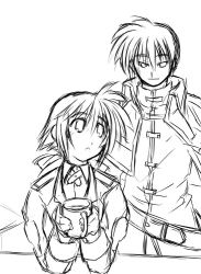 Rule 34 | 00s, 1boy, 1girl, :o, amy limietta, belt, blush, buckle, chrono harlaown, cup, dress, greyscale, holding, long sleeves, looking back, lyrical nanoha, mahou shoujo lyrical nanoha, mahou shoujo lyrical nanoha strikers, monochrome, pants, parted lips, simple background, sketch, standing, white background