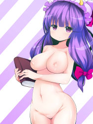 Rule 34 | 1girl, book, bow, breasts, crescent, doku corne, hair bow, hat, highres, inverted nipples, long hair, navel, nipples, patchouli knowledge, purple eyes, purple hair, shiny skin, solo, striped, striped background, touhou