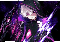 Rule 34 | 1boy, abstract background, add (elsword), black jacket, black sclera, bright pupils, colored sclera, elsword, expressionless, highres, hood, hood up, jacket, kurea akatuki, light particles, looking at viewer, mad paradox (elsword), mismatched sclera, parted lips, pink eyes, solo, symbol-shaped pupils, upper body, white hair