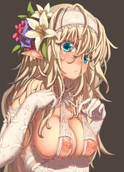 Rule 34 | + +, 1girl, :&lt;, bad id, bad pixiv id, bare shoulders, blonde hair, blue eyes, breasts, cleavage, elbow gloves, elf, flower, flower-shaped pupils, gloves, grey background, hair between eyes, hair flower, hair ornament, hairband, long hair, looking at viewer, medium breasts, nippleless clothes, nipples, original, osobachan, pointy ears, revealing clothes, simple background, solo, symbol-shaped pupils, upper body, white gloves