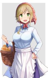 Rule 34 | 1girl, :d, apron, basket, blue shirt, blush, bread, breasts, buttons, collared shirt, commentary request, cowboy shot, fang, food, green eyes, grey background, hand on own hip, head scarf, highres, holding, inuyama aoi, large breasts, light brown hair, long hair, long sleeves, looking at viewer, open mouth, outside border, plan (planhaplalan), shirt, sidelocks, simple background, skin fang, smile, solo, standing, thick eyebrows, white apron, wing collar, yurucamp