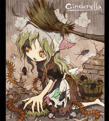 Rule 34 | 1girl, barefoot, broom, bug, centipede, character name, cinderella, cinderella (character), cinderella (grimm), cleaning, cockroach, copyright name, insect, messy hair, open mouth, patch, sitting, solo, spider, torn clothes, ume (illegal bible), yellow eyes