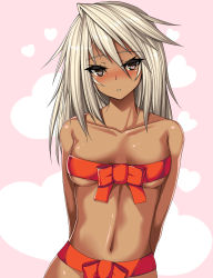 Rule 34 | 1girl, absurdres, blush, breasts, brown eyes, dark-skinned female, dark skin, guilty gear, guilty gear xrd, highres, long hair, looking at viewer, naked ribbon, nude, pun, ramlethal valentine, red ribbon, ribbon, shiny skin, silver hair, solo, standing, takanashi-a, valentine