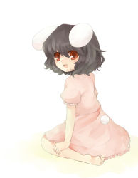 Rule 34 | 1girl, :d, animal ears, barefoot, black hair, female focus, inaba tewi, looking at viewer, open mouth, puffy short sleeves, puffy sleeves, rabbit ears, rabbit girl, rabbit tail, red eyes, sakaki chihiro, short hair, short sleeves, smile, solo, tail, tareme, touhou