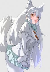 Rule 34 | 1girl, :o, absurdres, animal ears, arctic fox (kemono friends), bow, bowtie, capelet, coat, cowboy shot, extra ears, fox ears, fox girl, fox tail, fur-trimmed sleeves, fur trim, grey background, hair between eyes, highres, kemono friends, long hair, long sleeves, looking at viewer, open mouth, pantyhose, pleated skirt, simple background, skirt, skirt tug, solo, tail, tanabe (fueisei), very long hair, white capelet, white coat, white pantyhose, yellow eyes