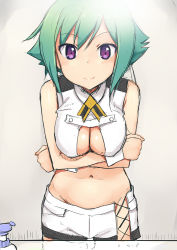 Rule 34 | 10s, 1girl, aquarion (series), aquarion evol, breast hold, breasts, cleavage, cleavage cutout, clothing cutout, crossed arms, green hair, midriff, navel, purple eyes, short hair, shorts, smile, solo, takayaki, zessica wong
