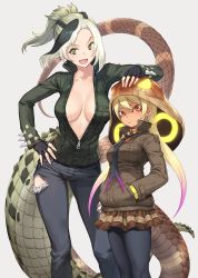 Rule 34 | 10s, 2girls, :d, arms behind back, black gloves, black legwear, blonde hair, braid, breasts, breasts apart, center opening, collarbone, commentary, crocodilian tail, dark-skinned female, dark skin, fingerless gloves, gloves, gradient hair, green eyes, green hair, guchico, hand on another&#039;s head, hand on own hip, highres, kemono friends, king cobra (kemono friends), large breasts, long hair, looking at viewer, multicolored hair, multiple girls, necktie, no bra, open mouth, pants, pantyhose, pink hair, ponytail, red eyes, saltwater crocodile (kemono friends), skirt, slit pupils, smile, snake tail, tail