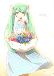 Rule 34 | 1girl, bad id, bad pixiv id, dress, female focus, flower, gradient background, green eyes, green hair, hatsune miku, kiina, long hair, matching hair/eyes, solo, twintails, vocaloid, white background