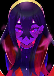 Rule 34 | 1girl, absurdres, alternate eye color, artist request, aura, black hair, breasts, carmine (pokemon), collared jacket, colored inner hair, corruption, creatures (company), crossed bangs, eyebrows, eyelashes, female focus, game freak, glowing, glowing eyes, hair between eyes, hairband, half-closed eyes, highres, hypnosis, jacket, lips, long hair, long sleeves, looking at viewer, medium breasts, mind control, mole, mole under eye, multicolored hair, neck, nintendo, pokemon, pokemon sv, purple eyes, school uniform, shaded face, shiny clothes, sidelocks, simple background, standing, upper body, yellow hairband