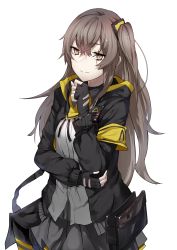 Rule 34 | 1girl, absurdres, armband, bad id, bad pixiv id, brown hair, fingerless gloves, girls&#039; frontline, gloves, highres, inxst, jacket, long hair, looking at viewer, scar, side ponytail, skirt, smile, solo, ump45 (girls&#039; frontline), white background, yellow eyes