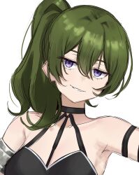Rule 34 | 1girl, armpits, bare shoulders, black dress, breasts, collarbone, commentary, dress, green hair, hair between eyes, highres, jitome, long hair, looking at viewer, medium breasts, parted lips, purple eyes, sambel kacang1, side ponytail, sidelocks, solo, sousou no frieren, ubel (sousou no frieren), upper body, white background