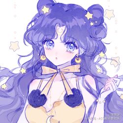 Rule 34 | 1girl, bishoujo senshi sailor moon, blue eyes, bow, bow choker, breasts, chestnut mouth, cleavage, crescent, crescent earrings, dress, earrings, hair ornament, highres, jewelry, long hair, luna (sailor moon), luna (sailor moon) (human), makeup, miso yaki, parted bangs, purple hair, small breasts, solo, star (symbol), star hair ornament, upper body, watermark, wavy hair, yellow bow, yellow dress
