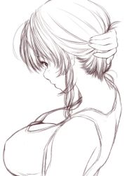 Rule 34 | 1girl, alternate hairstyle, arm up, bare shoulders, blush, breasts, cleavage, downblouse, from above, from side, greyscale, large breasts, monochrome, nape, nori tamago, profile, saigyouji yuyuko, short hair with long locks, sidelocks, simple background, sketch, sleeveless, solo, tank top, tareme, touhou, upper body, white background, unfinished