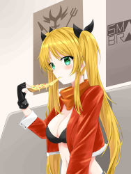 Rule 34 | 1girl, absurdres, azur lane, bikini, bikini top only, black bikini, black gloves, black ribbon, blonde hair, blush, breasts, cleavage, closed mouth, commentary request, couch, cropped jacket, eating, fingerless gloves, food, fur-trimmed jacket, fur trim, gloves, green eyes, hair between eyes, hair ribbon, highres, holding, holding food, hornet (azur lane), hornet (delicious love) (azur lane), hornet (freshly-baked bonding!) (azur lane), jack (hosuhosu), jacket, jpeg artifacts, kamen rider, kamen rider 555, kamen rider agito (series), large breasts, long hair, long sleeves, looking at viewer, midriff, navel, open clothes, open jacket, orange scarf, pizza, pizza slice, poster (object), red jacket, ribbon, scarf, sidelocks, sitting, solo, swimsuit, twintails, upper body