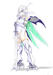 Rule 34 | 1girl, black gloves, from side, gatakk, gloves, highres, holding, holding sword, holding weapon, insect wings, looking at viewer, mecha musume, personification, red eyes, seisenshi dunbine, seisenshi dunbine: new story of aura battler dunbine, short hair, sirbine, solo, sword, thighhighs, weapon, white background, white hair, wings