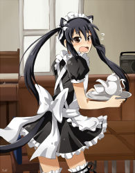 Rule 34 | 1girl, animal ears, bad id, bad pixiv id, blush, brown eyes, cat ears, k-on!, long hair, maid, nakano azusa, solo, suikka, thighhighs, twintails, wavy mouth