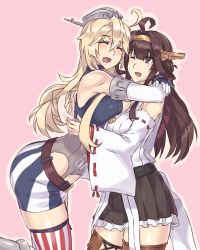Rule 34 | 10s, 2girls, :d, ;d, ^ ^, ahoge, arms around neck, bare shoulders, belt, black skirt, blonde hair, blush, boots, breast press, breasts, brown hair, cleavage, closed eyes, clothes writing, cross-laced clothes, cross-laced legwear, detached sleeves, double bun, elbow gloves, female focus, frilled skirt, frills, garter straps, gloves, hair bun, hair intakes, hairband, happy, headgear, hug, iowa (kancolle), japanese clothes, kantai collection, kongou (kancolle), large breasts, legs, long hair, looking at another, miniskirt, mizuumi (bb), multiple girls, nontraditional miko, one eye closed, open mouth, pencil skirt, pink background, pleated skirt, purple eyes, revision, ribbon-trimmed sleeves, ribbon trim, skirt, smile, standing, standing on one leg, striped clothes, striped legwear, striped skirt, thigh boots, thighhighs, thighs, wince, yuri, zettai ryouiki