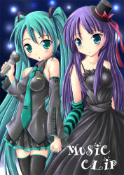 Rule 34 | 2girls, akiyama mio, bad id, bad pixiv id, between breasts, blue eyes, breasts, crossover, detached sleeves, don&#039;t say &quot;lazy&quot;, dress, fingerless gloves, frills, gloves, green eyes, green hair, holding hands, hat, hatsune miku, k-on!, long hair, mini hat, mini top hat, multiple girls, necktie, purple hair, syakatan, thighhighs, top hat, twintails, vocaloid