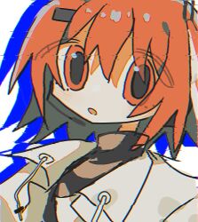 Rule 34 | 1girl, a.i. voice, adachi rei, black shirt, drawstring, drop shadow, glitch, hair ornament, hairclip, hashtag-only commentary, jacket, looking at viewer, mizu ( mizuo o), open clothes, open jacket, open mouth, orange eyes, orange hair, shirt, short hair, solo, turtleneck, upper body, utau, white jacket