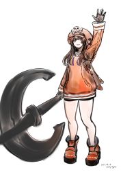 Rule 34 | 1girl, absurdres, anchor, anchor symbol, backpack, bag, bike shorts, black gloves, boots, brown hair, early type, fingerless gloves, full body, gloves, guilty gear, guilty gear strive, hat, highres, hood, hoodie, huge weapon, may (guilty gear), medium hair, orange eyes, orange hat, orange hoodie, pirate hat, skull and crossbones, solo, standing, waving, weapon, wide hips