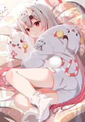 Rule 34 | 1girl, absurdres, bandaged horn, bare legs, bell, blush, closed mouth, eye mask, fang, fuzzy clothes, fuzzy footwear, gradient hair, grey hair, highres, hihi (oekakihix), hololive, hood, hooded sweater, horns, hugging object, jingle bell, long hair, long sleeves, looking at viewer, mask, mask on head, multicolored hair, nakiri ayame, on bed, oni, poyoyo (nakiri ayame), red eyes, red hair, shorts, skin-covered horns, smile, solo, streaked hair, sweater, virtual youtuber, white shorts, white sweater