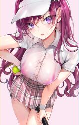 Rule 34 | 1girl, absurdres, ball, blush, bra, breasts, buttons, collared shirt, cowboy shot, dress shirt, hand on own hip, highres, holding, large breasts, leaning forward, long hair, looking at viewer, miniskirt, nekometaru, original, parted lips, pink background, pink bra, pink hair, pink skirt, plaid, plaid skirt, pleated skirt, purple eyes, see-through, shirt, short sleeves, sidelocks, simple background, skirt, solo, sweat, sweatband, tennis ball, underwear, v-shaped eyebrows, very long hair, visor cap, wet, wet clothes, wet shirt, white shirt