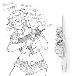 Rule 34 | 1girl, 2boys, :d, bad id, bb (baalbuddy), belt, black lagoon, character request, closed eyes, commentary, english commentary, english text, fingerless gloves, fur-trimmed shorts, fur trim, gloves, greyscale, gun, head tilt, heart, highres, holding, holding gun, holding weapon, inactive account, machine pistol, monochrome, multiple boys, open fly, open mouth, ponytail, revy (black lagoon), short shorts, shorts, shoulder tattoo, smile, solo focus, submachine gun, sunglasses, sweatdrop, tattoo, uzi, weapon, white background