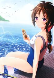 Rule 34 | 1girl, absurdres, artist name, azuma yuki, blue one-piece swimsuit, blush, bow, braid, braided ponytail, breasts, brown hair, cellphone, character name, collarbone, competition swimsuit, from side, hair bow, high school fleet, highres, holding, holding phone, long hair, looking at viewer, low ponytail, ocean, official art, one-piece swimsuit, open mouth, phone, ponytail, purple eyes, red bow, school swimsuit, sitting, small breasts, smartphone, soaking feet, solo, swimsuit, yagi tsugumi