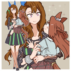 Rule 34 | 2girls, aged down, animal ears, asuka (junerabitts), black dress, blue eyes, bow, brown background, brown hair, carrying, carrying person, casual, clothing cutout, dress, ear covers, green bow, green dress, grey jacket, hair bow, horse ears, horse girl, horse tail, jacket, kawakami princess (umamusume), king halo (umamusume), long hair, multiple girls, pink eyes, plaid, plaid dress, red dress, simple background, striped clothes, striped dress, tail, tail through clothes, umamusume, vertical-striped clothes, vertical-striped dress