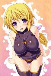 Rule 34 | 10s, 1girl, :d, bare shoulders, black thighhighs, blonde hair, blush, body blush, bodysuit, breasts, charlotte dunois, covered erect nipples, covered navel, cowboy shot, from above, gradient background, hair ribbon, halterneck, highres, infinite stratos, jewelry, kawase seiki, large breasts, leotard, looking at viewer, looking up, low ponytail, necklace, open mouth, outline, pendant, pilot suit, ponytail, purple eyes, ribbon, sleeveless, smile, solo, sweat, thigh gap, thighhighs, turtleneck