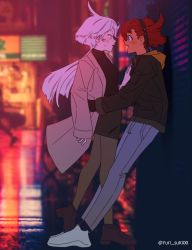Rule 34 | 2girls, black hairband, black jacket, black pantyhose, black sweater, blurry, blurry background, blush, brown coat, brown footwear, city, coat, commentary request, denim, eye contact, full body, gundam, gundam suisei no majo, hairband, hand on another&#039;s chest, hand on another&#039;s waist, highres, jacket, jeans, long hair, long sleeves, looking at another, miorine rembran, multiple girls, night, open mouth, outdoors, pants, pantyhose, red hair, smile, suletta mercury, sweatdrop, sweater, white footwear, white hair, yuri, yurisuki00