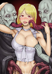 Rule 34 | 1girl, 2boys, absurdres, ao madoushi, ashley graham, bald, blonde hair, blush, breasts, cleavage, colored skin, empty eyes, french kiss, ganado, grey skin, happy sex, highres, kiss, large breasts, licking, long tongue, mind break, monster, multiple boys, navel, plaga (resident evil), red eyes, resident evil, resident evil 4, saliva, short hair, sweat, tentacles, tongue, tongue out, ugly man, white eyes, zealot (resident evil)