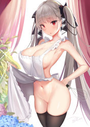 Rule 34 | 1girl, apron, armpits, azur lane, bare shoulders, black thighhighs, blush, breasts, christmas, cleavage, collarbone, formidable (azur lane), grey hair, groin, hair ribbon, highres, holding, holding whisk, indoors, large breasts, long hair, looking at viewer, naked apron, navel, open mouth, red eyes, ribbon, shiny skin, sidelocks, skindentation, solo, stomach, thighhighs, twintails, two-tone ribbon, very long hair, whisk, zotari